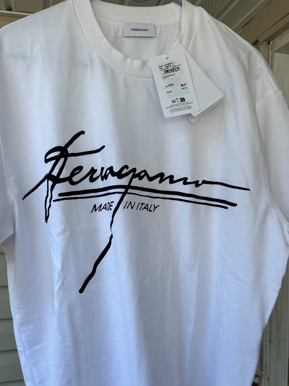 Salvatore Ferragamo White Short-Sleeve Logo Tee with Black Script. Pit